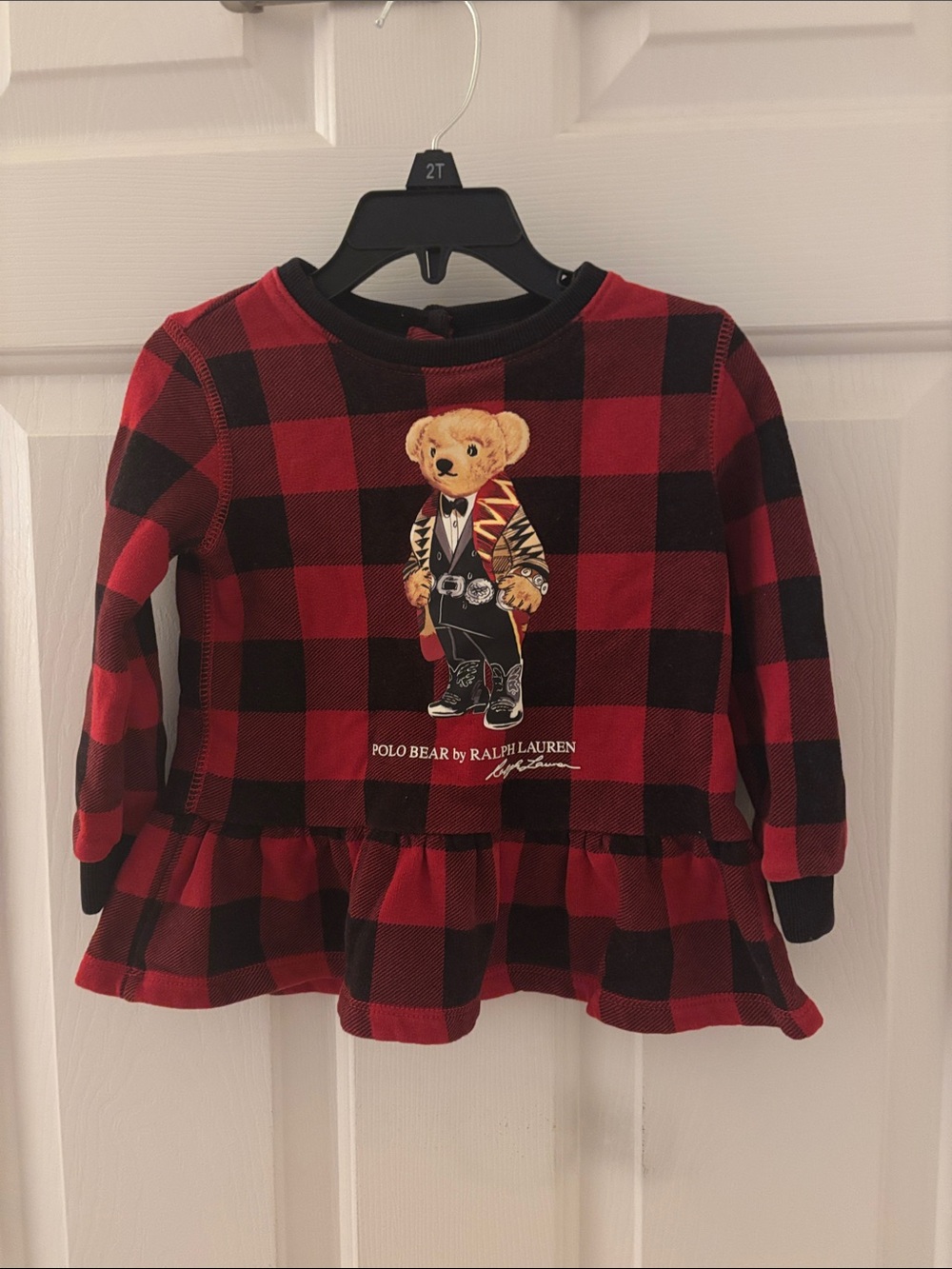 Ralph Lauren Red and Black Buffalo Plaid Polo Bear Peplum Top